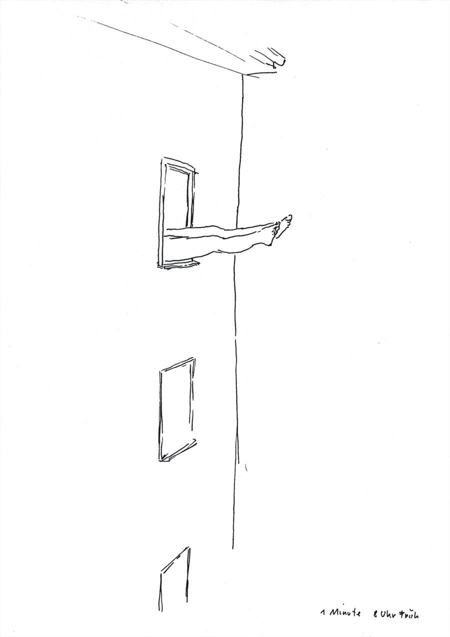 Erwin Wurm, aus der Serie „One Minute Sculpture“: „Do it at the park Av. Hotel at 8.00 am“, 29,7 x 21 cm, Fine line on paper, 2002, Foto © Studio Wurm