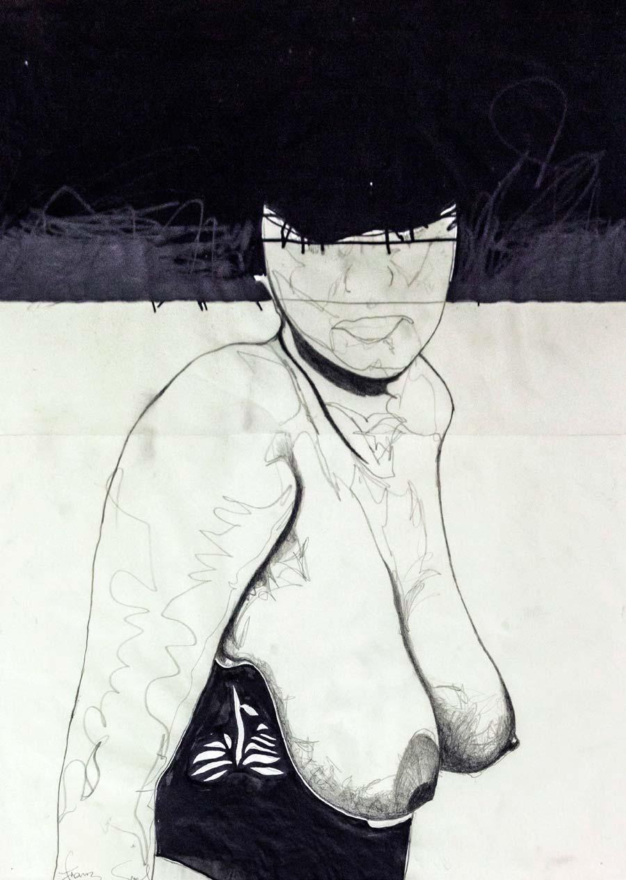 Franz Graf, WOMAN 13, 56 x 42 cm, Bleistift und Ink/permanent Marker auf Transparentpapier, 2012, signiert