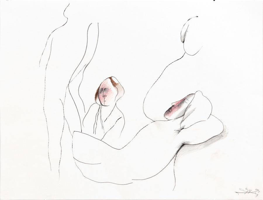 „DIE ÜBERLEGUNG“, 1994, 42 x 55 cm, Buntstift auf Papier