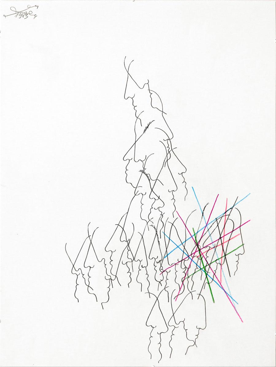 „KOPFREIHE“, 1993, 55 x 42 cm, Buntstift, auf Papier