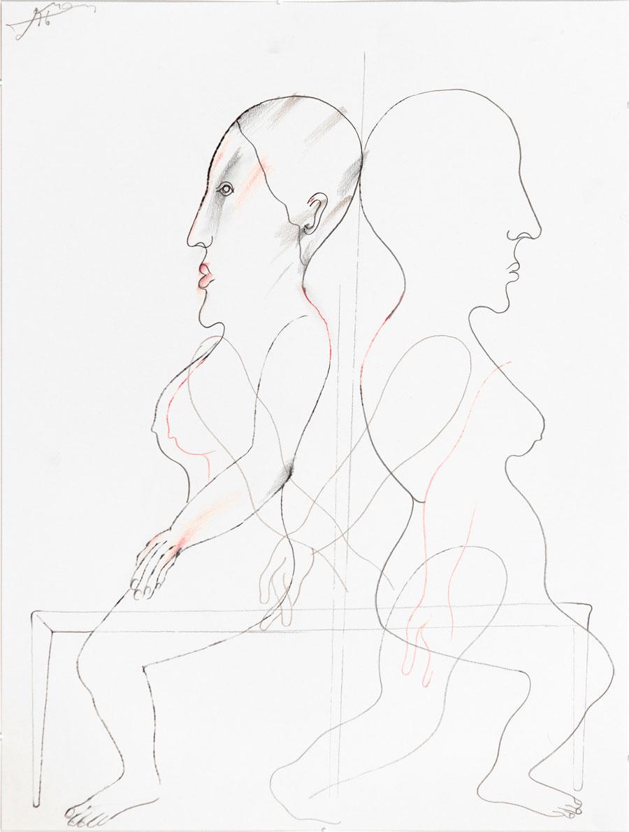 „ZWEI“, 1996, 55 x 42 cm, Buntstift auf Papier