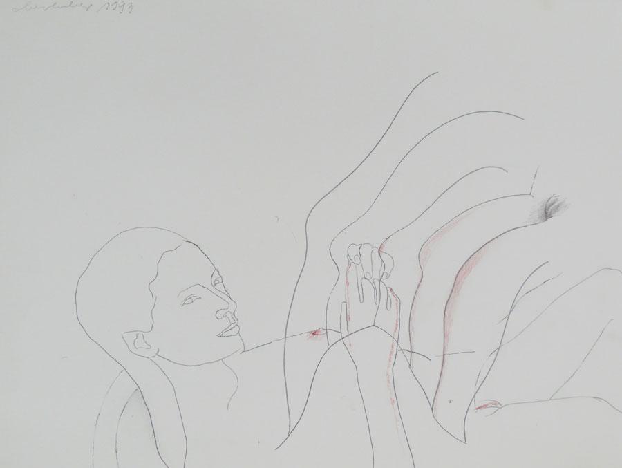 „ÜBERLEGUNG“, 1993, 55 x 43 cm, Buntstift auf Papier