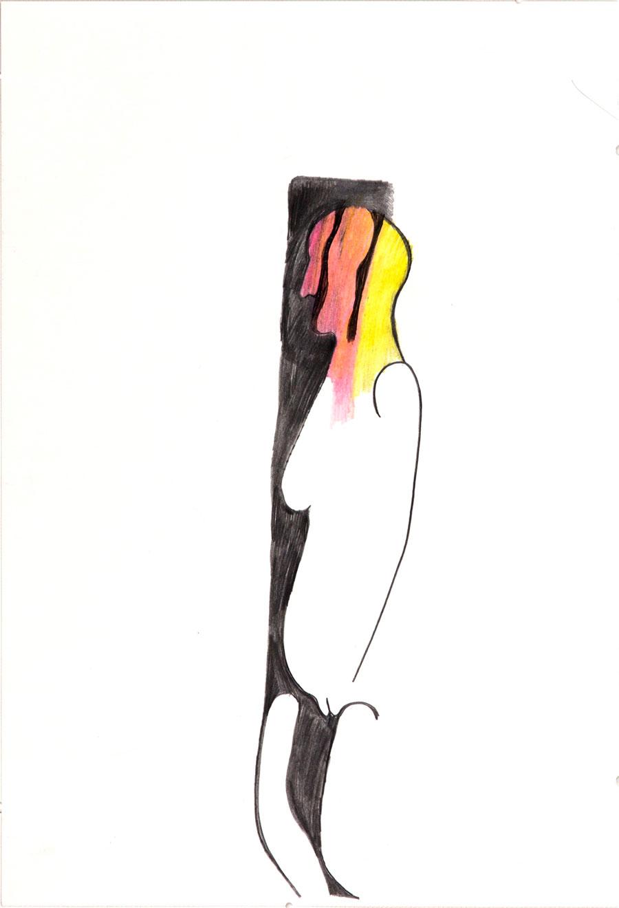 „ROTE FRAU“, 1997, 44 x 30 cm, Buntstift auf Papier