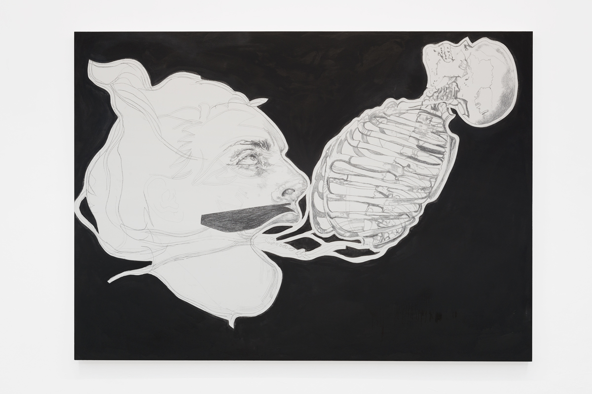 Franz Graf, We don't Talk to Strangers, Graphit & Tusche auf Holz, 180 x 250 cm, 2018