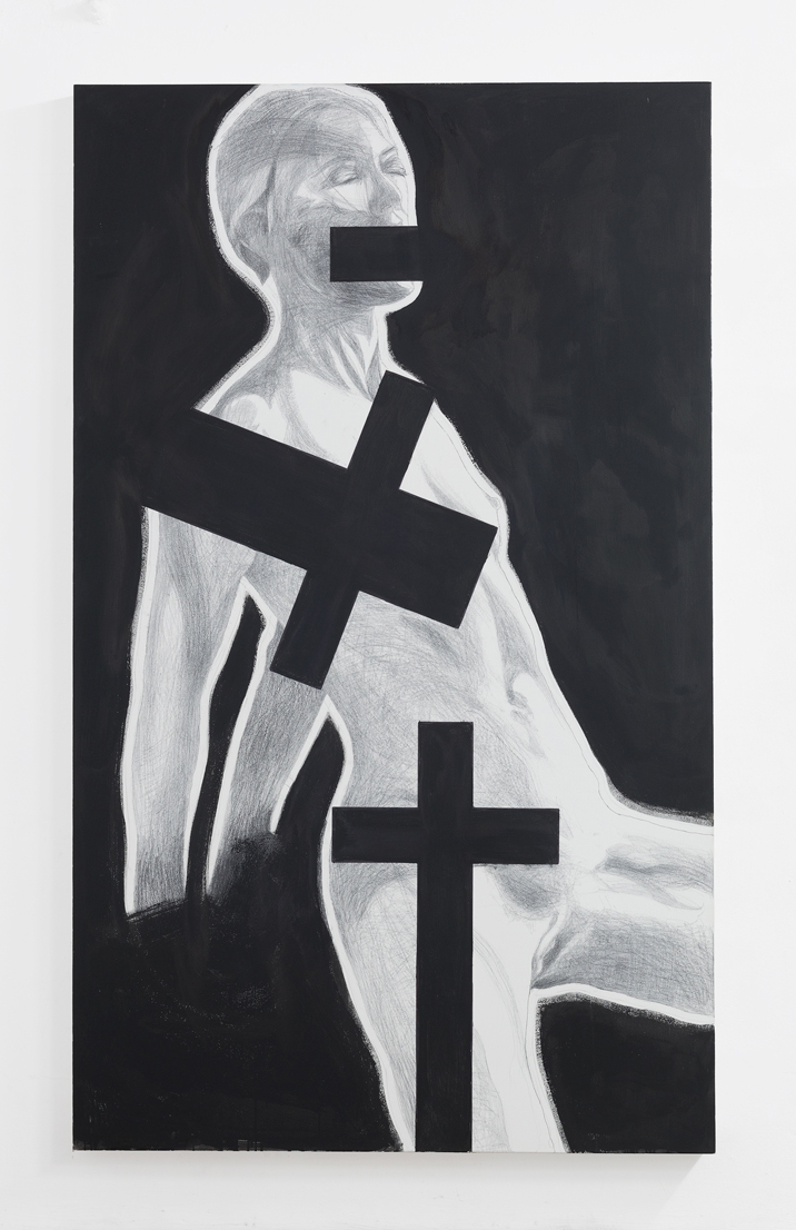 Franz Graf, CALVARY (get fucked) At que  nigrum pallium meum autem discedaite a ME, Graphit & Tusche auf Holz, 200 x 120 cm, 2018 